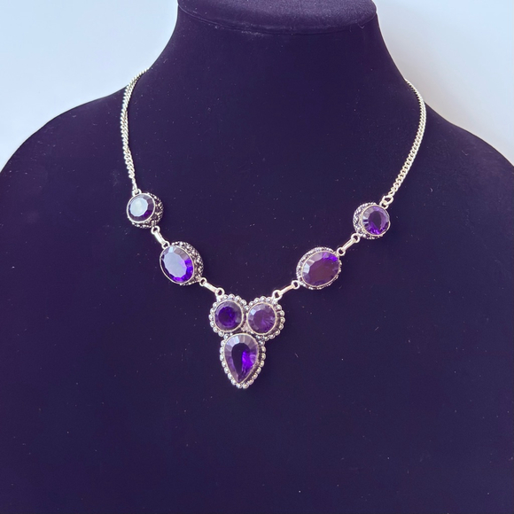 Simulated Amethyst Sterling Silver Lariat Dotted Caviar Statement Neckla… - Picture 1 of 6